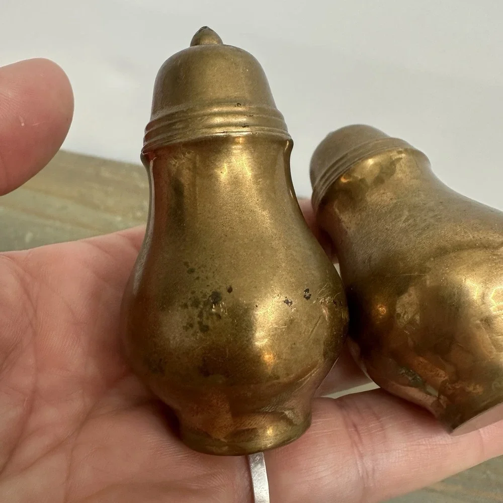 Vintage MCM Solid Brass Salt And Pepper Shakers Lined Screw on Lid Patina Clean